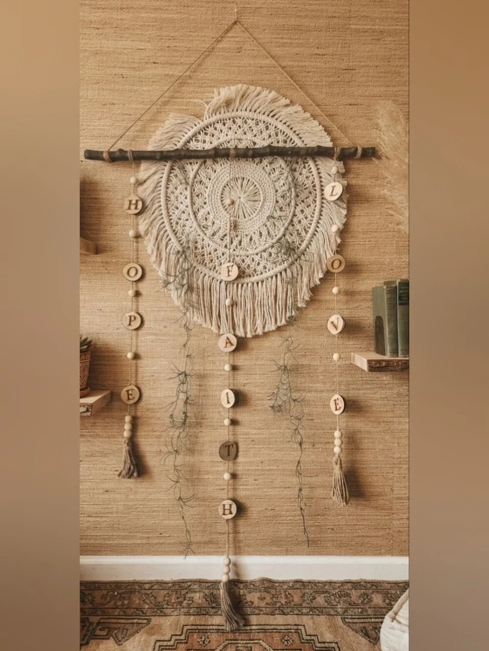 Handcrafted Wooden Boho Wall Hanging - Hope, Faith, Love